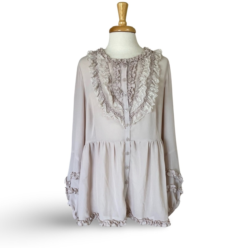 Romantic Blush Long Sleeve Blouse with Lace and Ruffles 18W